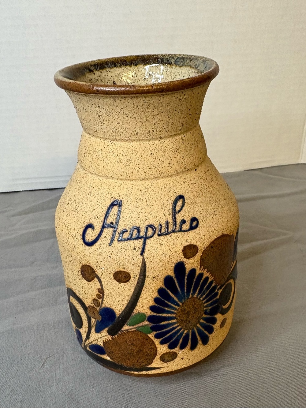 Vintage Acapulco Mexican Clay Vase with Blue Floral Design